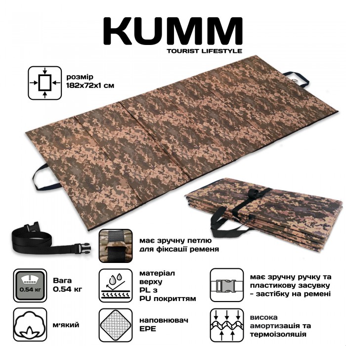 Килимок мат для фітнесу та йоги, складний 185х72х1см камуфляж Kumm