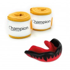 Бинти для боксу 2.5 м Жовтий і Капа універсальна Champion Чорно-червоний СHL09744