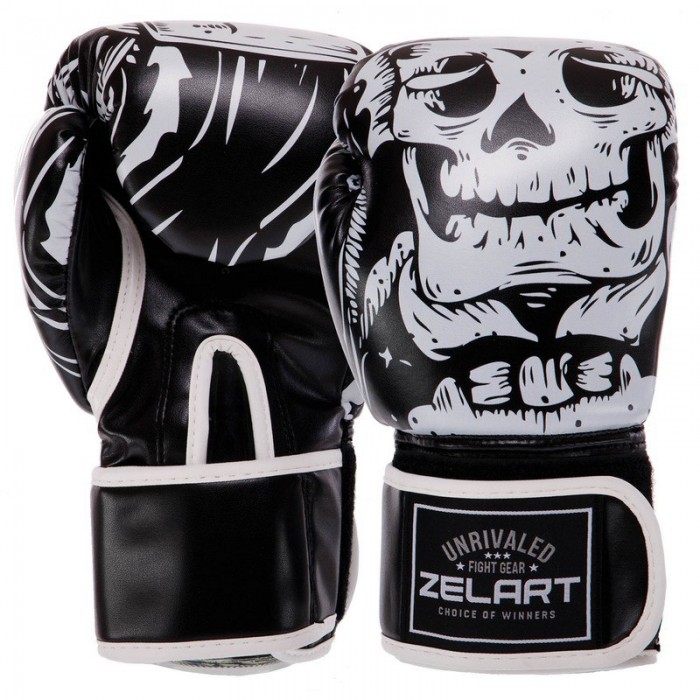 Рукавички боксерські FLEX Zelart SKULL BO-5493-10-BLACK 10 унцій чорний
