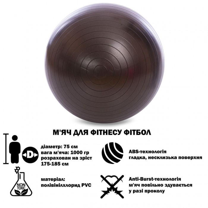 М'яч для фітнесу фітбол гладкий ABS технологія Zelart FI-1981-75-BLACK 75см чорний