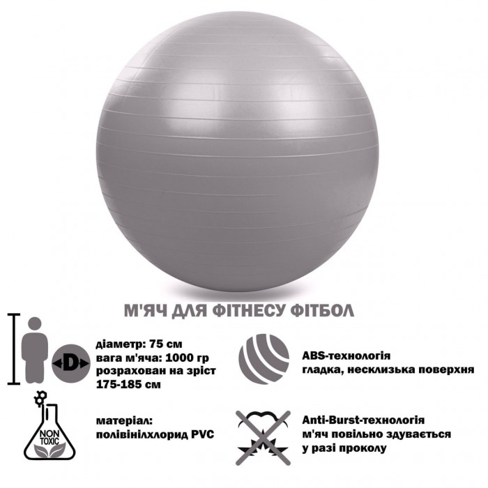 М'яч для фітнесу фітбол гладкий ABS технологія Zelart FI-1981-75-GRAY 75см сірий