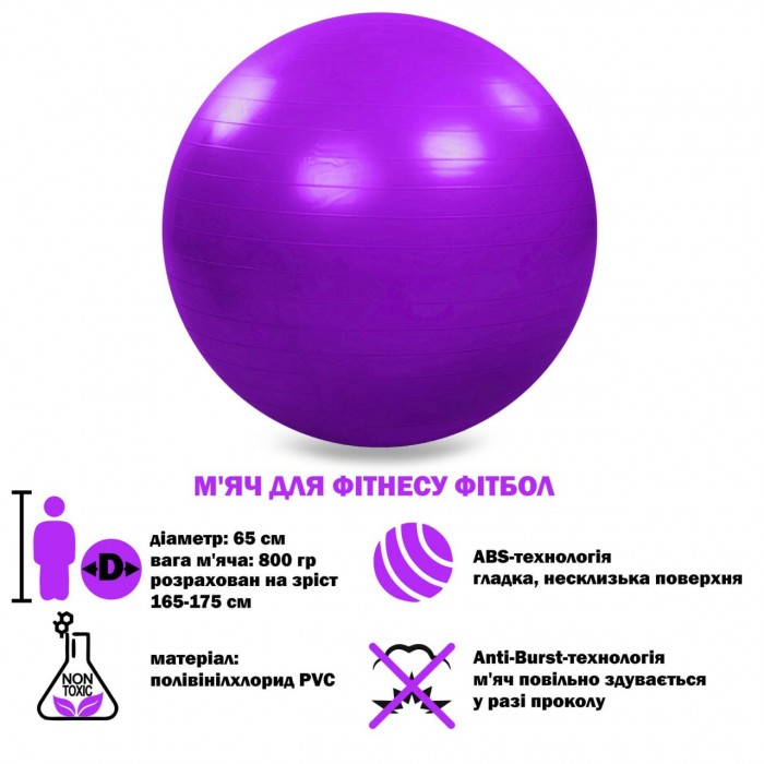 М'яч для фітнесу фітбол гладкий ABS технологія Zelart FI-1983-65-DARK-PURPLE 65см темно-фіолетовий