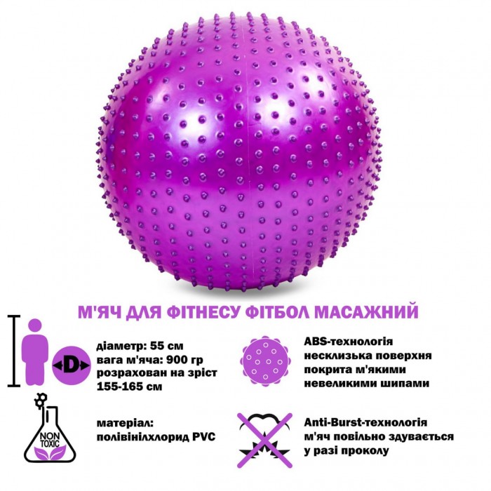 М'яч для фітнесу фітбол масажний ABS технологія Zelart FI-1986-55-VIOLET 55см фіолетовий