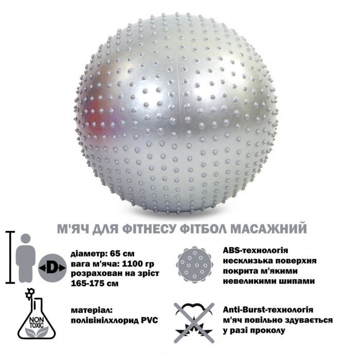 М'яч для фітнесу фітбол масажний ABS технологія Zelart FI-1987-65-GRAY 65см сірий