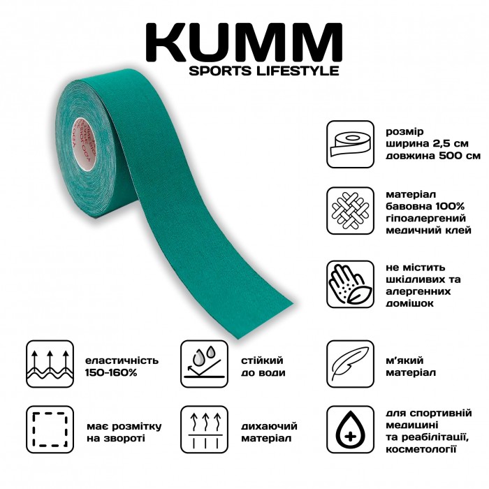 Кінезіо тейпе довжина 5м, ширина 2.5см бірюзового кольору Kumm Sf0000004589