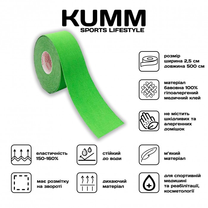 Кінезіо тейпе довжина 5м, ширина 2.5см салатового кольору Kumm Sf0000004428