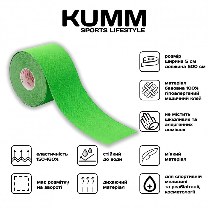 Кінезіо тейпе довжина 5м, ширина 5см салатового кольору Kumm Sf0000004404