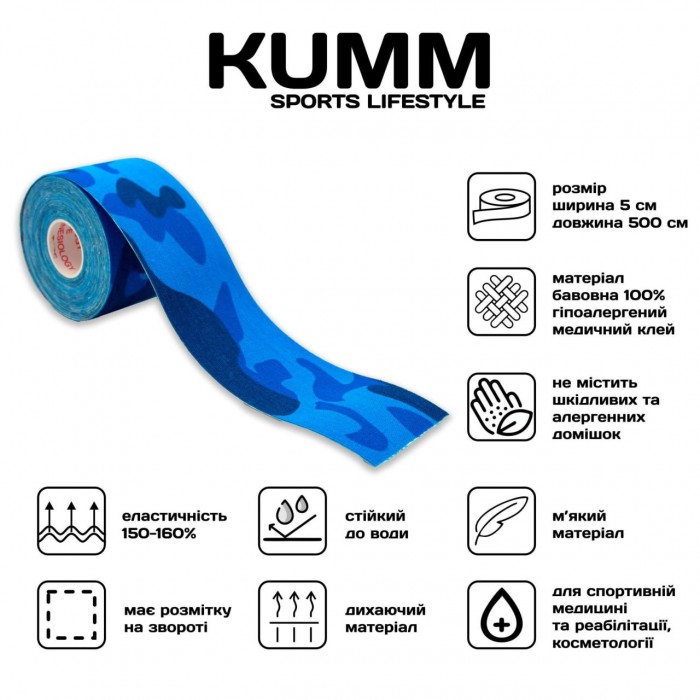 Кінезіо тейпе довжина 5м, ширина 5см синьо-камуфляжного кольору Kumm Sf0000004923