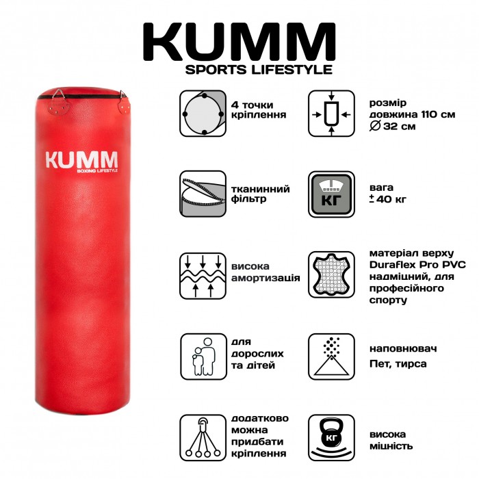 Мішок боксерський без кріплення TitanFlex PVC 110х32см Kumm червоного кольору вага 40кг