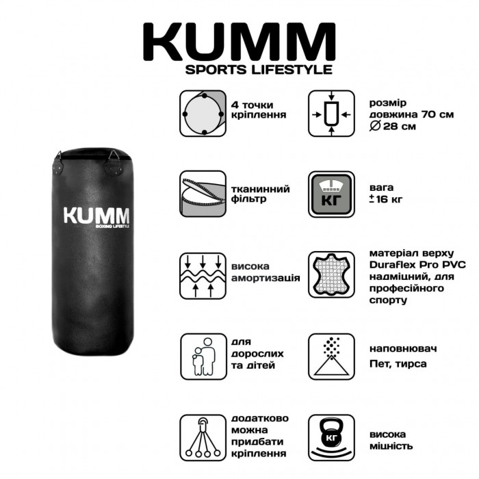 Мішок боксерський без кріплення TitanFlex PVC 70х28см Kumm чорного кольору вага 16кг