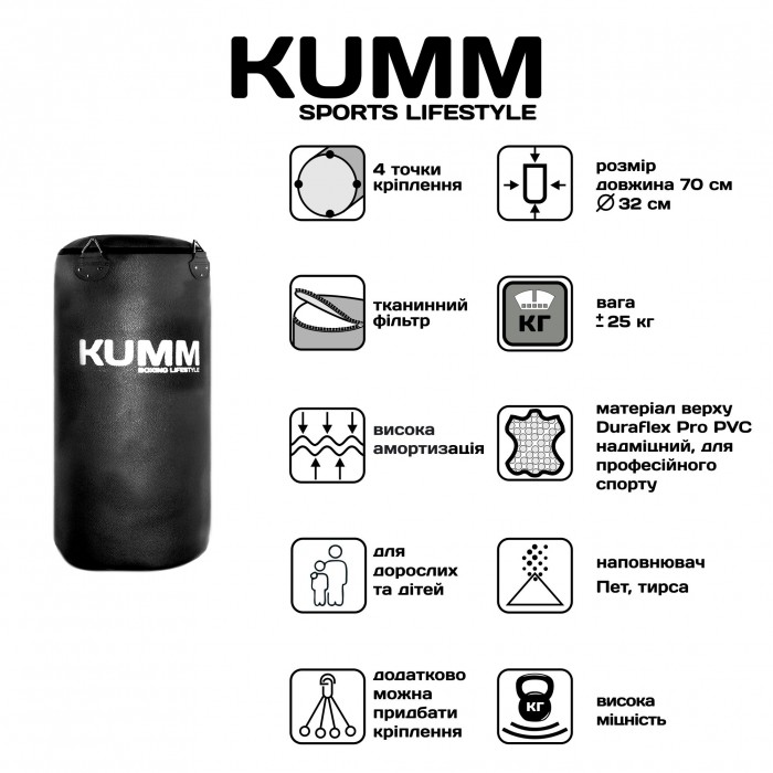 Мішок боксерський без кріплення TitanFlex PVC 70х32см Kumm чорного кольору вага 25кг