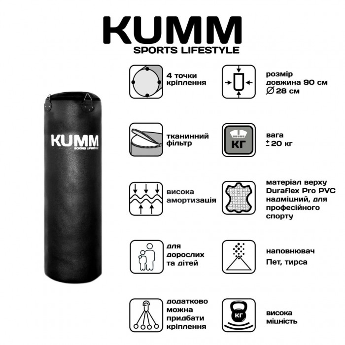 Мішок боксерський без кріплення TitanFlex PVC 90х28см Kumm чорного кольору вага 20кг