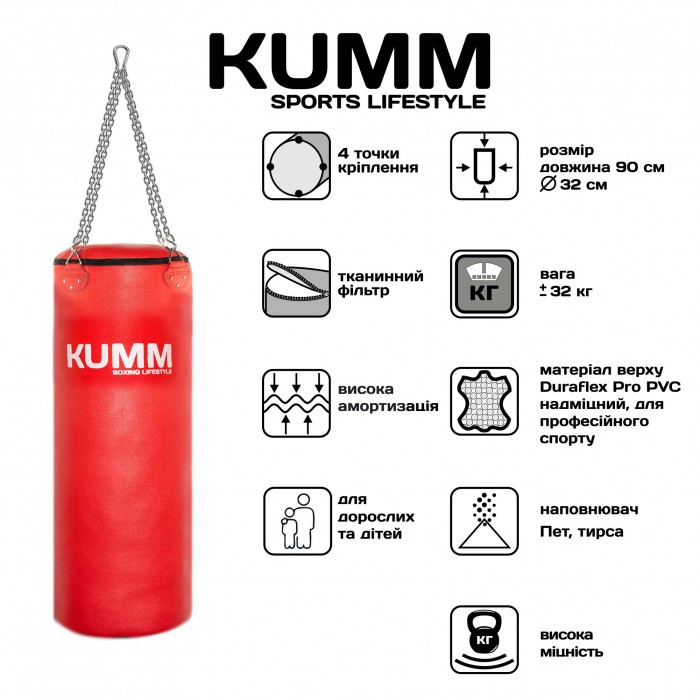 Мішок боксерський з кріпленням ланцюгами TitanFlex PVC 90х32см Kumm червоного кольору вага 30кг