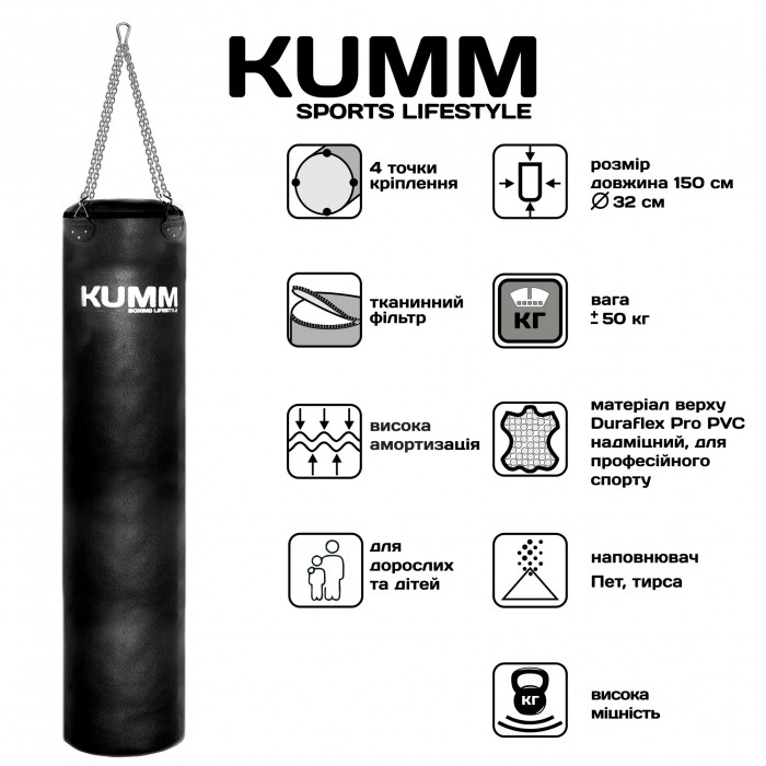 Мешок боксерский с креплением цепи TitanFlex PVC 150х32см Kumm черного цвета вес 50кг