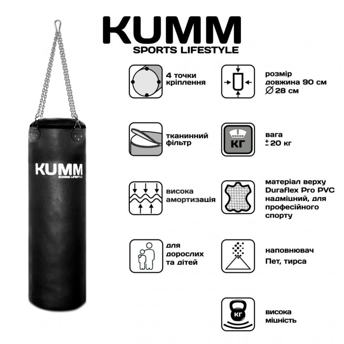 Мешок боксерский с креплением цепи TitanFlex PVC 90х28см Kumm черного цвета вес 20кг