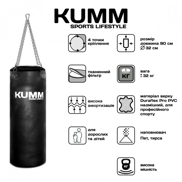 Мішок боксерський з кріпленням ланцюгами TitanFlex PVC 90х32см Kumm чорного кольору вага 30кг