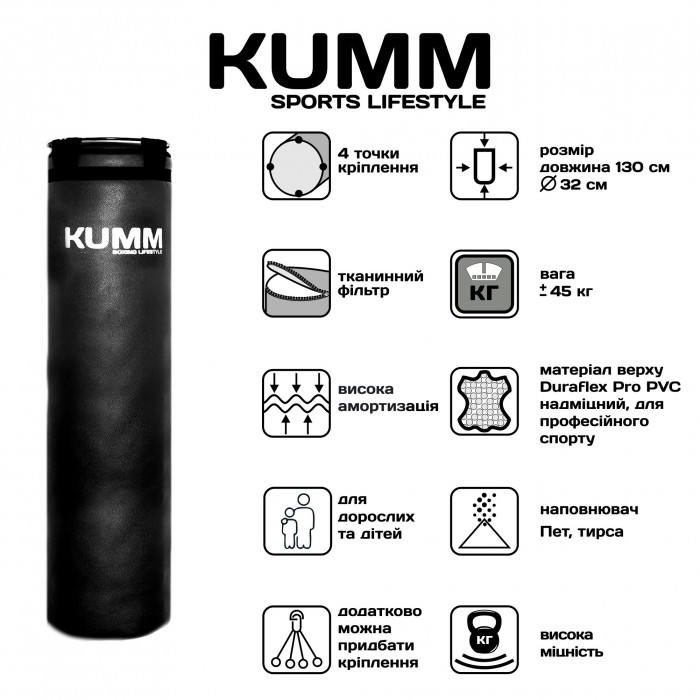 Мішок боксерський без кріплення TitanFlex PVC 130х32см Kumm чорного кольору вага 45кг