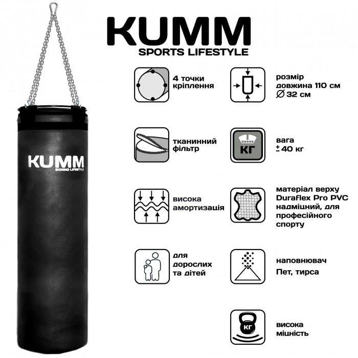 Мішок боксерський з кріпленням ланцюгами TitanFlex PVC 110х32см Kumm чорного кольору вага 40кг