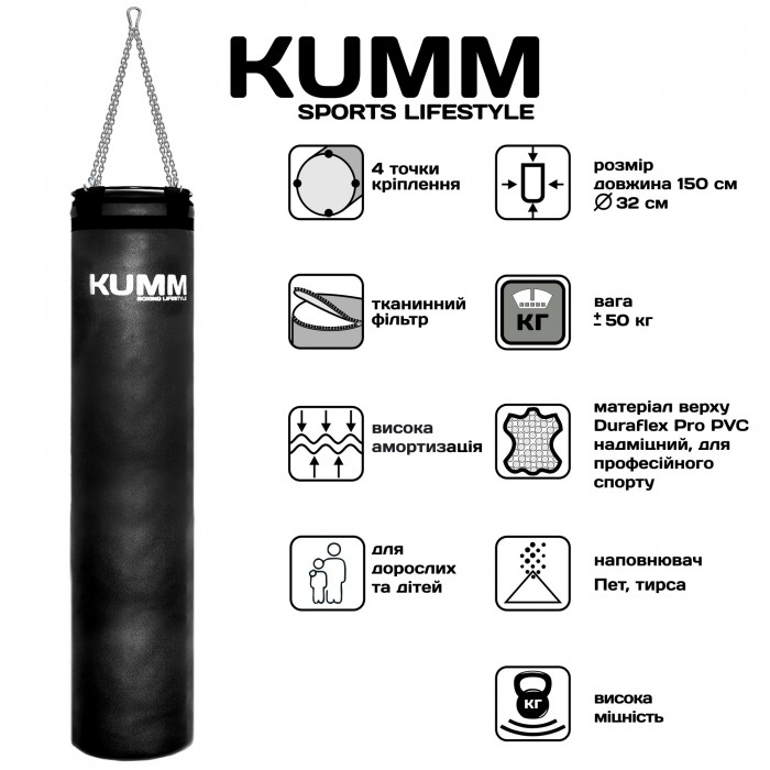 Мішок боксерський з кріпленням ланцюгами TitanFlex PVC 150х32см Kumm чорного кольору вага 50кг
