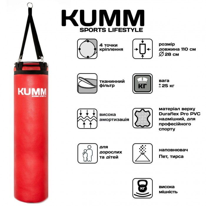 Мішок боксерський з текстильним кріпленням TitanFlex PVC 110х28см Kumm червоного кольору вага 25кг