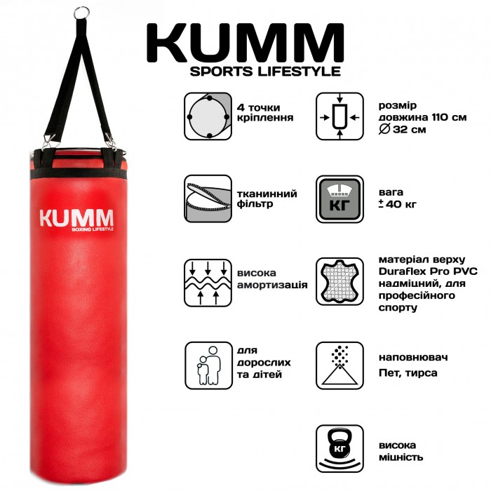 Мішок боксерський з текстильним кріпленням TitanFlex PVC 110х32см Kumm червоного кольору вага 40кг