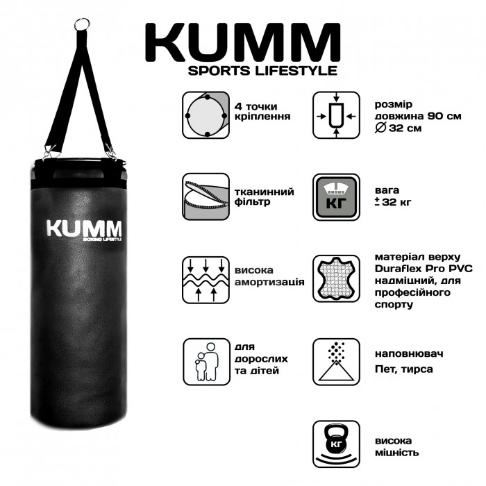 Мішок боксерський з текстильним кріпленням TitanFlex PVC 90х32см Kumm чорного кольору вага 30кг