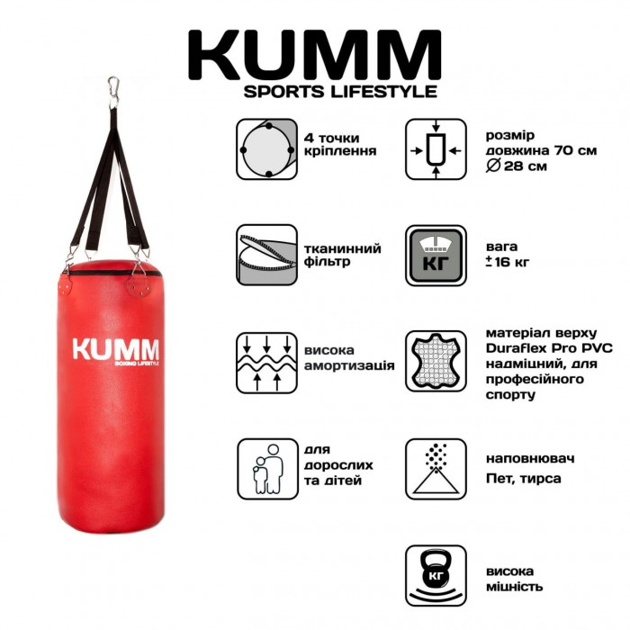 Мішок боксерський з текстильним кріпленням TitanFlex PVC 70х28см Kumm червоного кольору вага 16кг