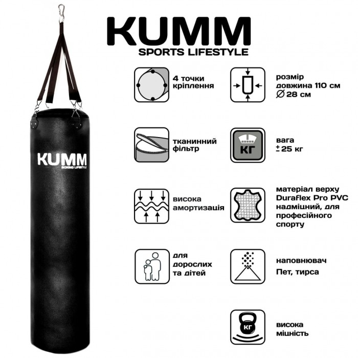 Мішок боксерський з текстильним кріпленням TitanFlex PVC 110х28см Kumm чорного кольору вага 25кг